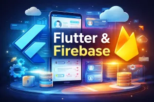 Flutter Firebase app development illustration with cloud infrastructure, data storage, authentication, and mobile interface.