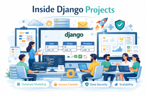 Inside a Django project: developers collaborating on database modeling, access control, data security, and scalability, with ER diagrams and dashboards displayed.