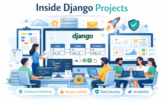 Inside a Django project: developers collaborating on database modeling, access control, data security, and scalability, with ER diagrams and dashboards displayed.