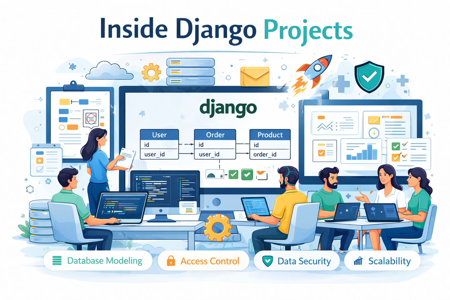 Inside a Django project: developers collaborating on database modeling, access control, data security, and scalability, with ER diagrams and dashboards displayed.