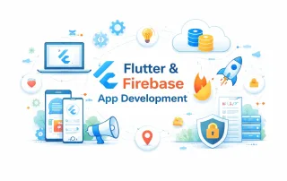 Illustration of Flutter and Firebase app development with mobile, cloud, and security icons on a white background