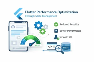 Flutter performance optimization illustration showing smartphone UI, speedometer, gears, and state management icons on a white background.