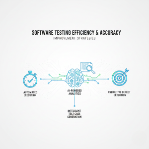 Infographic illustrating modern software testing techniques to improve efficiency and accuracy using AI-powered analytics and automation
