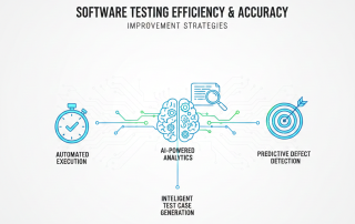 Infographic illustrating modern software testing techniques to improve efficiency and accuracy using AI-powered analytics and automation