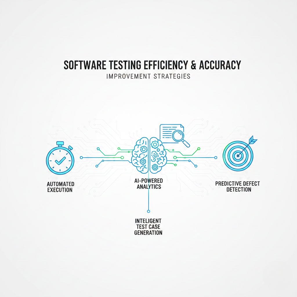 Infographic illustrating modern software testing techniques to improve efficiency and accuracy using AI-powered analytics and automation