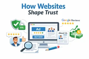 White background illustration showing how websites build trust, featuring computer screen, SSL security badge, customer reviews, About Us section, and growth icons there by showingwebsite trust