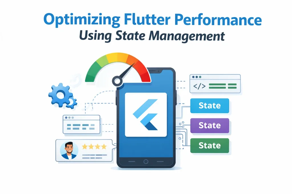 White background illustration of Flutter mobile app performance optimization using state management, showing smartphone with Flutter logo, speed meter, code blocks, and multiple state widgets