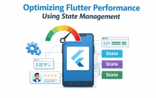 White background illustration of Flutter mobile app performance optimization using state management, showing smartphone with Flutter logo, speed meter, code blocks, and multiple state widgets