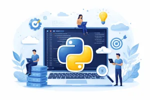 Illustration of Python programming with laptop, code, and developers, representing modern software development on a white background