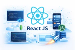 React JS concept illustration with blue and white background showing React logo and web development elements