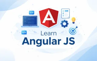 Learn Angular JS concept image showing Angular logo and web development icons