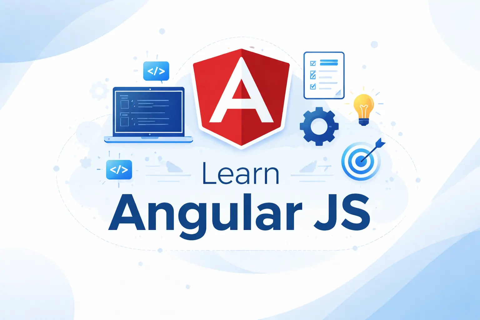 Learn Angular JS concept image showing Angular logo and web development icons