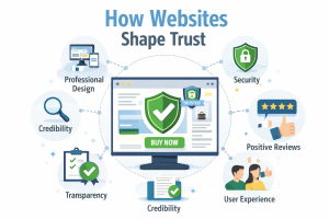 Illustration showing how websites shape trust, with icons for security, reviews, transparency, credibility, design, and user experience around a monitor