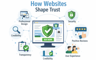 Illustration showing how websites shape trust, with icons for security, reviews, transparency, credibility, design, and user experience around a monitor