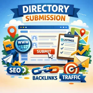 Directory submission concept showing website listing, submit button, backlinks, SEO, and traffic growth icons