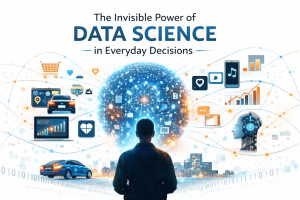 Illustration showing how data science influences everyday decisions through charts, AI, and digital insights on a white background