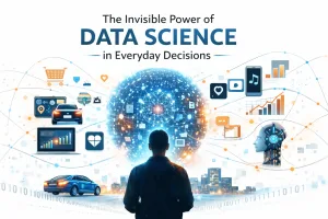 Illustration showing how data science influences everyday decisions through charts, AI, and digital insights on a white background
