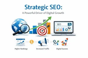 Strategic SEO illustration on white background showing charts, laptop, magnifying glass, and icons for higher rankings, traffic, and digital growth