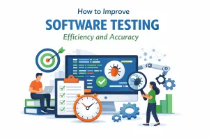 llustration showing software testers improving software testing efficiency and accuracy with bug detection, checklist, and computer screen