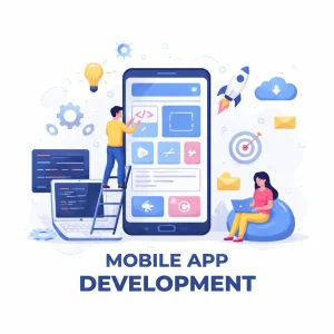 Mobile app development illustration showing developers building a smartphone application