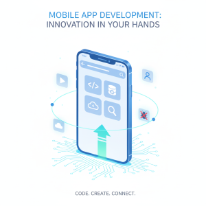 Mobile app development concept showing developers building a smartphone application on a white background