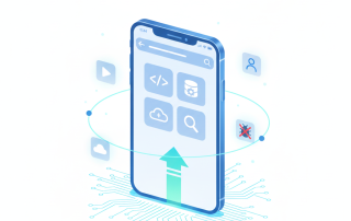 Mobile app development concept showing developers building a smartphone application on a white background