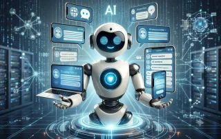 robot holding a laptop in one hand and mobile in another hand