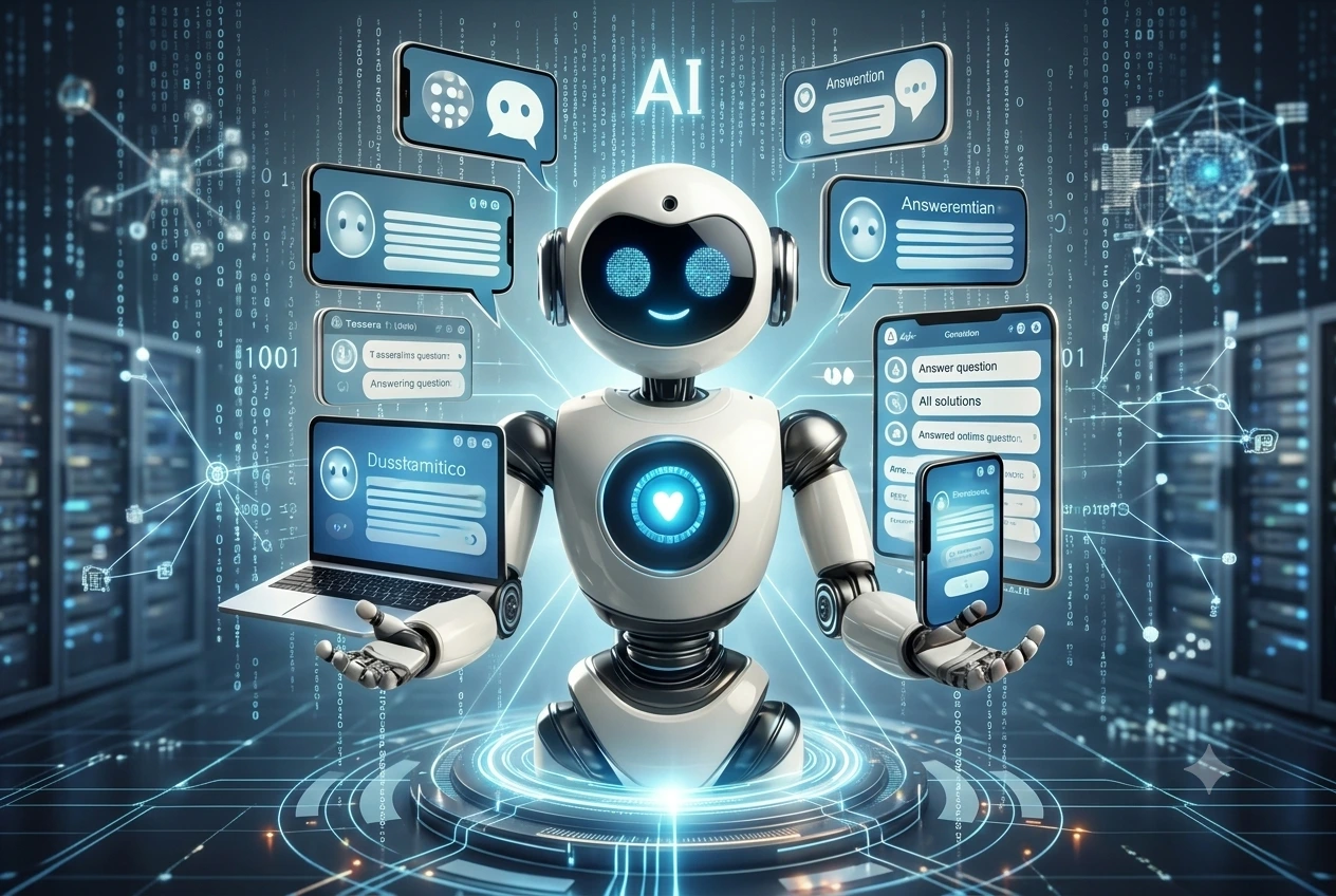robot holding a laptop in one hand and mobile in another hand