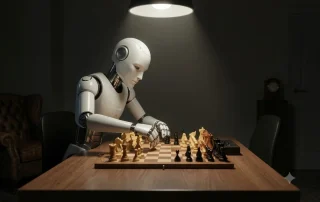 A robot is sitting infront of a chessboard and playing