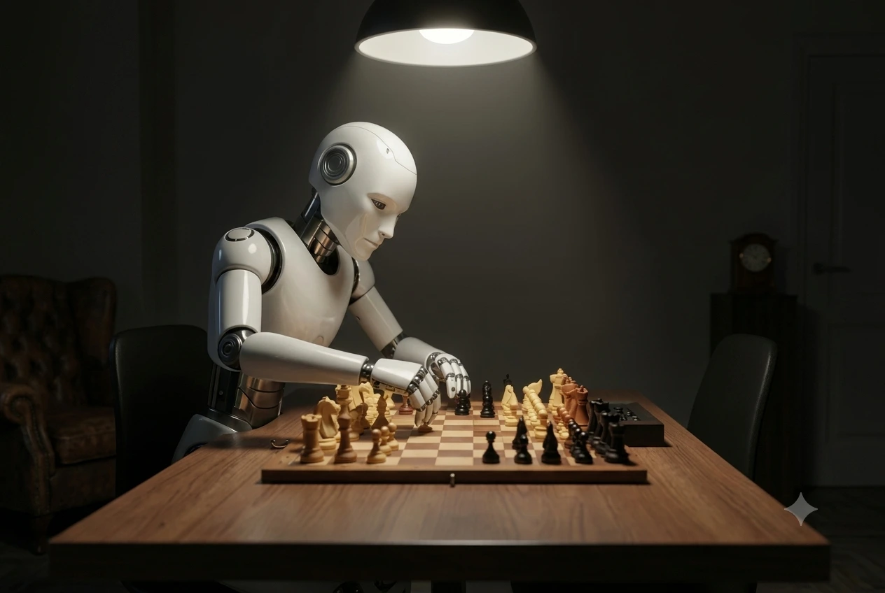 A robot is sitting infront of a chessboard and playing