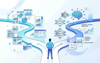 illustrated image in white and light blue theme of student standing between two paths one is data science and another is data analyst