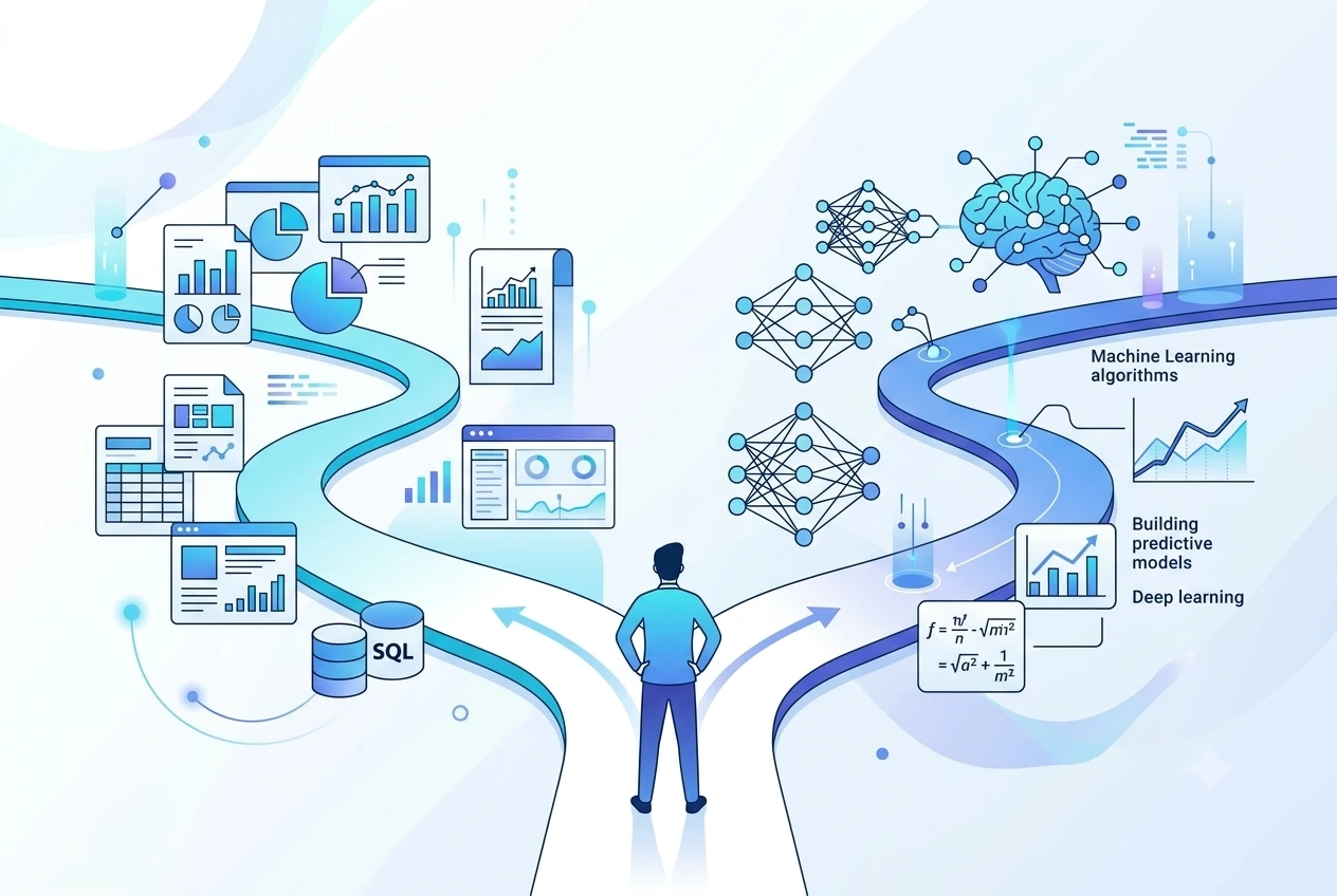 illustrated image in white and light blue theme of student standing between two paths one is data science and another is data analyst