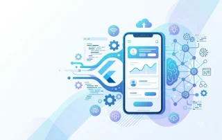 illustrated image of flutter with ai for application development in white and light blue theme