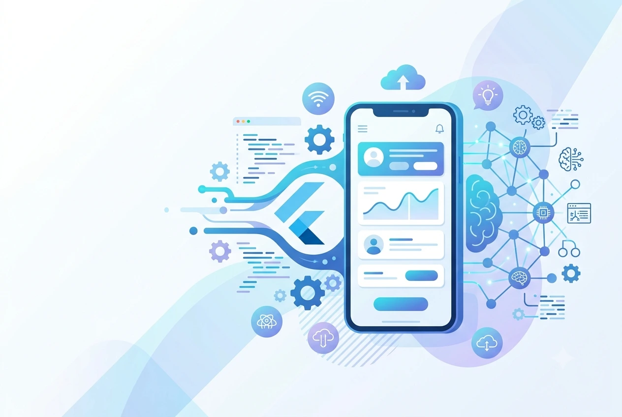 illustrated image of flutter with ai for application development in white and light blue theme