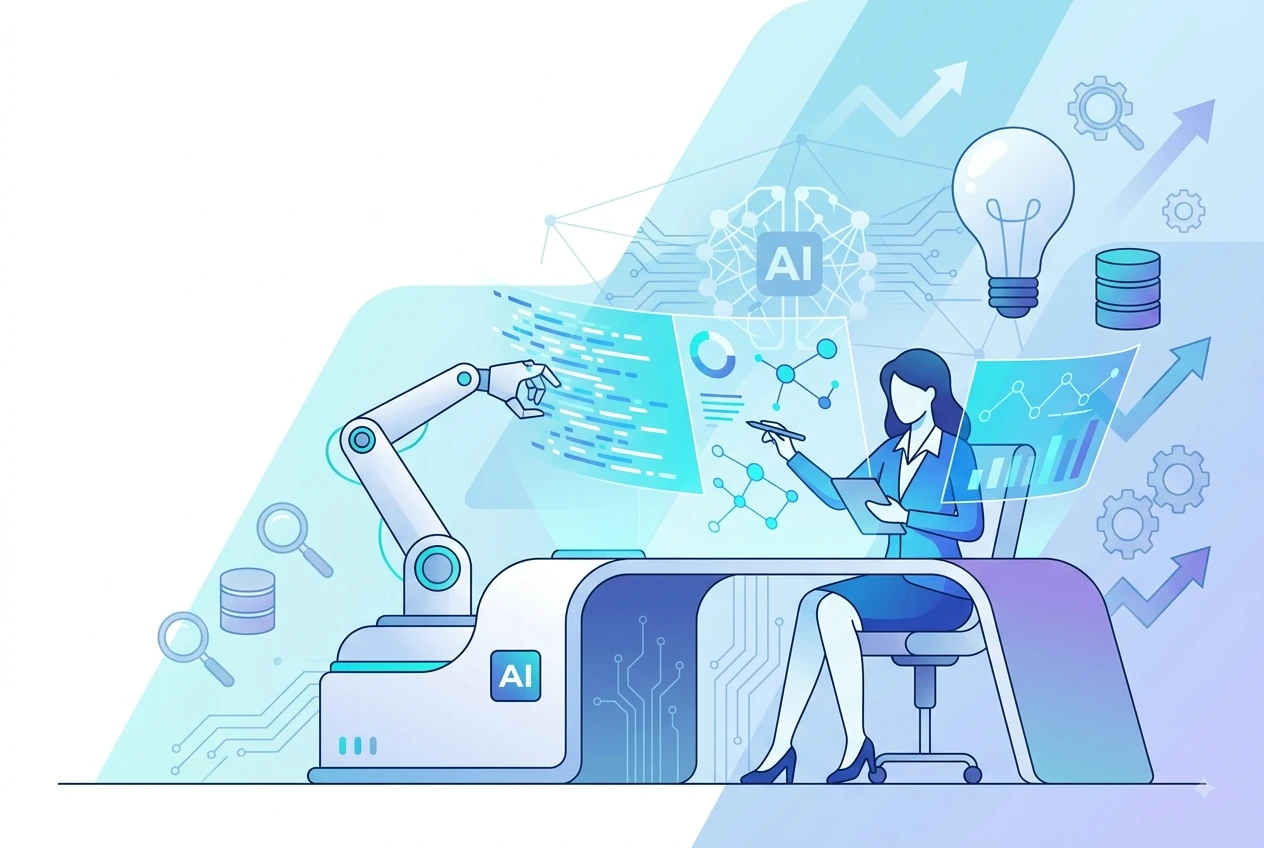 illustarted image of ai interacting with data analytics expert