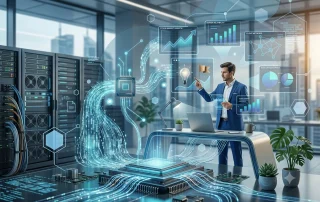 data analyst workflow in a modern office room