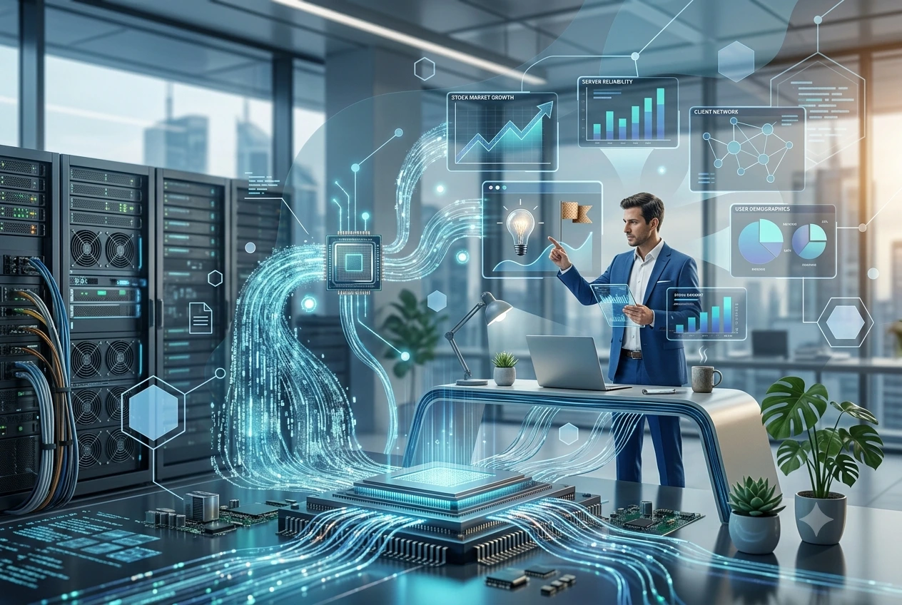 data analyst workflow in a modern office room